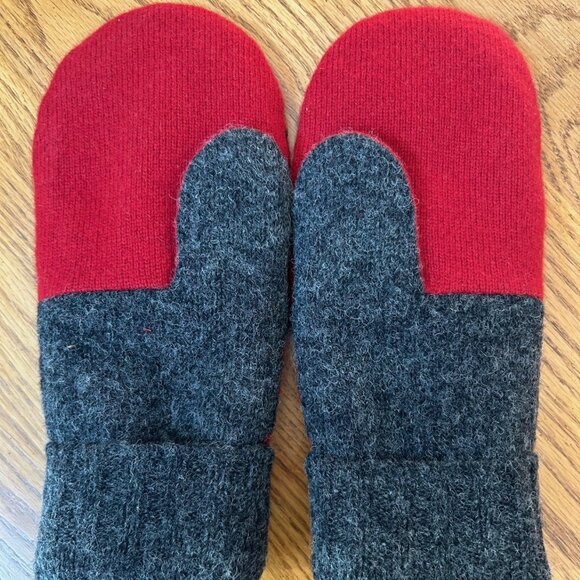 Felted Wool Mittens - Red/Gray - Hand Crafted from Repurposed Sweaters - Picture 2 of 2